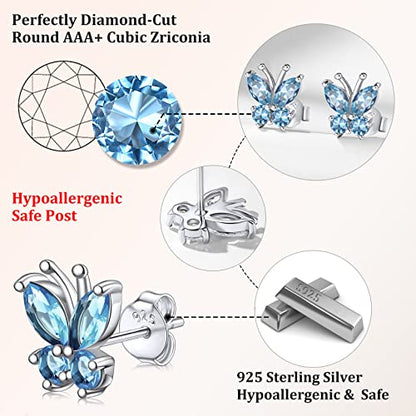Bestyle Gold Butterfly Earrings for Women, Dainty Cute Birthstone Studs Hypoallergenic Jewelry, Great Birthday Gift - style: 03.March(Aquamarine)-STUD