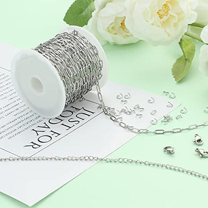UMAOKANG 16.4 Feet Silver Stainless Steel Chains for Jewelry Making Cable Long Craft Link Chain Roll Paperclip Necklace Chains Bulk with Jump Rings Lobster Clasps Extender Chain - color: Steel Paperclip