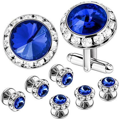 AMITER Crystal Cufflinks and Tuxedo Studs for Men, Cuff Links Suits for Shirt Formal Dress Business Wedding Anniversary - color: Blue