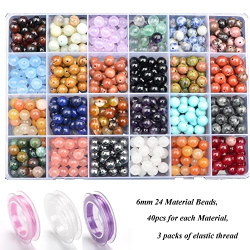 6mm Natural Mixed Materials Gemstones Beads Tiny Spacer Round Loose Beads Jewelry Making KIT with Thread 960 PCS(24 Natural, 6mm) - color: 24 Natural, size: 6mm