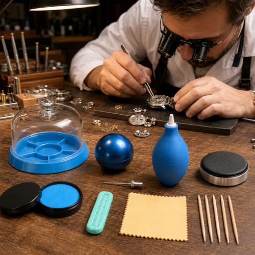 8 Pcs Watch Cleaning Kit includes Watch Cleaning Putty, Movement Cover, Waterproof Gasket Paste, Case Open Ball, Air Blower Blaster, Cushion Repair Tools for Watchmaker Watches & Jewelry Care Repair