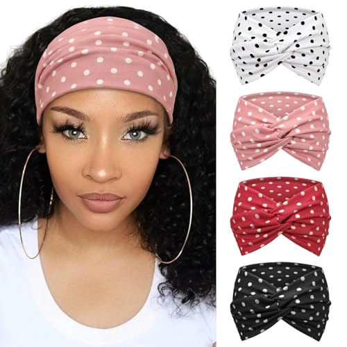 DRESHOW 4 Pack Turban Headbands for Women Wide Vintage Head Wraps Knotted Cute Hair Band Accessories - color: 4 Pcs with Polka Dots: Red, White, Dusty Rose, Black