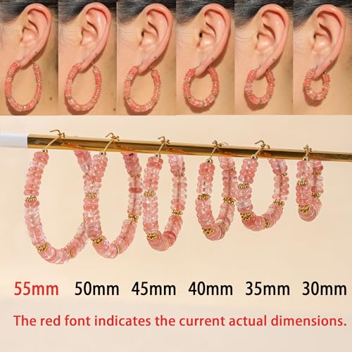 Wellike Beaded Hoop Earrings for Women Natural Stone Pink Gold Huggie Earrings Hypoallergenic Dainty Waterproof Trendy Jewelry - color: Rose Pink, size: 55mm