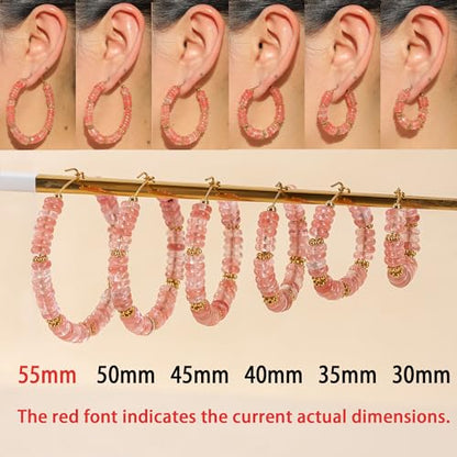Wellike Beaded Hoop Earrings for Women Natural Stone Pink Gold Huggie Earrings Hypoallergenic Dainty Waterproof Trendy Jewelry - color: Rose Pink, size: 55mm