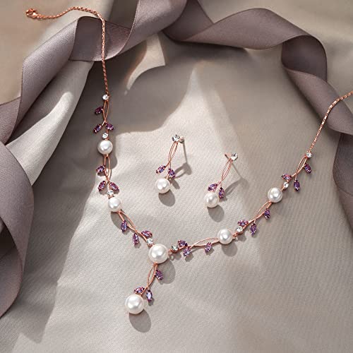 EVER FAITH Cubic Zirconia Pearl Leaf Vine Wedding Jewelry Set for Bride | Crystal Filigree Bridal Necklace Earrings, for Women Bridesmaid - color: 2pcs_Purple Rose Gold-Plated-Brass