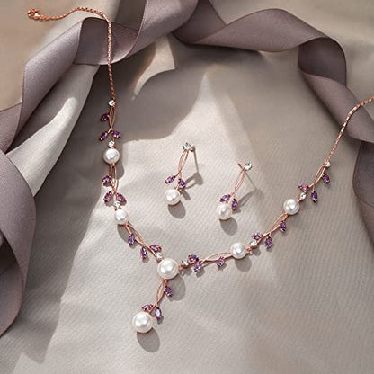 EVER FAITH Cubic Zirconia Pearl Leaf Vine Wedding Jewelry Set for Bride | Crystal Filigree Bridal Necklace Earrings, for Women Bridesmaid - color: 2pcs_Purple Rose Gold-Plated-Brass