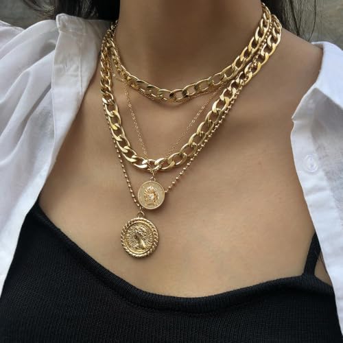 Vintage Pirate Necklace for Women, Layered Chunky Gold Chain with Coin Pendant, 80s 90s Retro Costume Accessories Women Men Jewelry