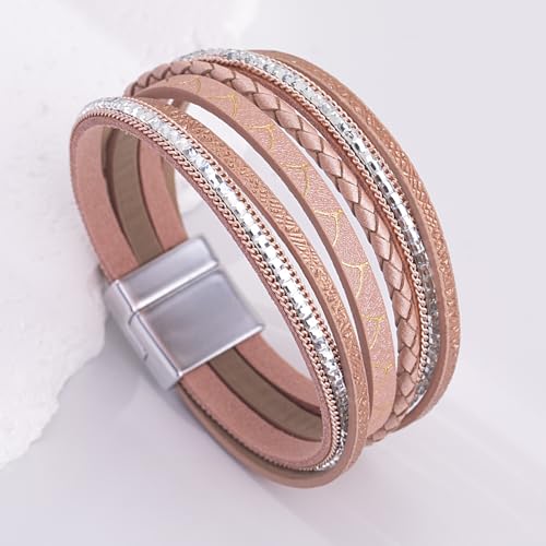 Boho Layered Leather Wrap Bracelets Chunky Western Country Hippie Jewelry | Stackable Bohemian Cowgirl Magnetic Clasp Cuff Bangle Set Fashion Stack Statement Festival Trendy Jewelry Gifts for Women - color: Rose Gold