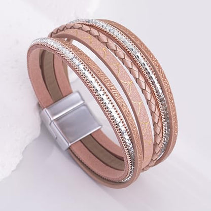 Boho Layered Leather Wrap Bracelets Chunky Western Country Hippie Jewelry | Stackable Bohemian Cowgirl Magnetic Clasp Cuff Bangle Set Fashion Stack Statement Festival Trendy Jewelry Gifts for Women - color: Rose Gold