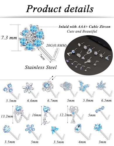Tornito 16Pcs Nose Rings L Shaped Nose Stud Stainless Steel Butterfly Flower Leaf Heart Moon Dangle Nose Stud Ring Body Piercing Jewelry for Women Men 20G Pink Blue Clear CZ - color: C: Blue