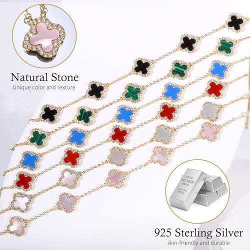 925 Sterling Silver Four Leaf Clover Bracelet – Real Silver Lucky Clover Jewelry for Women, Dainty Good Luck Gift for Her - color: Gold-Plated Pink MOP