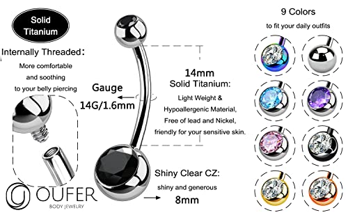 OUFER Titanium Belly Button Rings, Internally Threaded Belly Ring, Round CZ Navel Rings for Women Men - color: Black CZ, size: 1.6*14MM