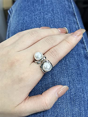 Double Pearls Silk Scarf Ring Clip Brooch for Women Girls 10mm Artificial Shell Pearl Butterfly Bowknot Shawl Scarves Statement Finger Rings Size 8 Dainty Mother's Birthday Wedding Party Jewelry Gift - color: Silver