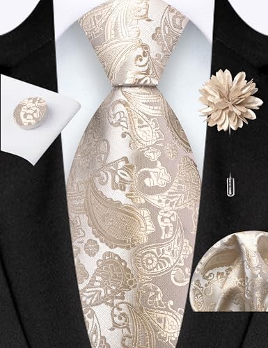 GUSLESON 3.15"（8cm） Mens Paisley Tie and Lapel Pin Necktie Hankerchief Cufflinks Set for Men - color: Champagne
