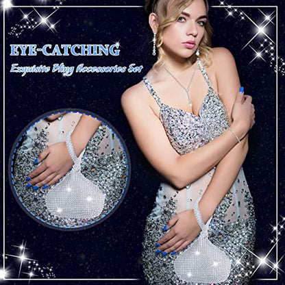 4 Pcs Silver Clutch Purse Jewelry Set for Women Rave Accessories Evening Rhinestone Purse Silver for Bride Wedding - style: Stylish Style