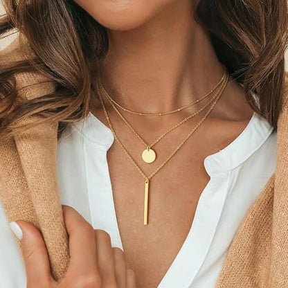 Layered Necklace Pendant Handmade Dainty Choker Bar Layering Long Necklace for Women(Silver) - color: Gold