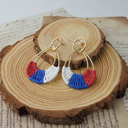 Raffia Hoop Earrings for Women Fun Boho Summer Beach Earrings Lightweight Handmade Straw Wicker Rattan Dangle Earrings Statement Geometric Round Drop Earrings - color: 4th of July Earrings - Teardrop