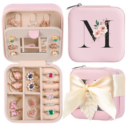 AYGXU Travel Jewelry Box for Women and Girls - Small Case With Initial A-Z - Teacher Gifts - color: pink, size: M