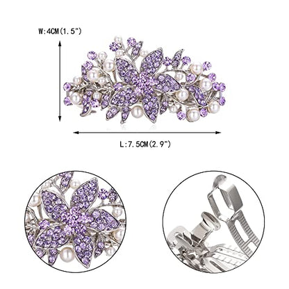 EVER FAITH Austrian Crystal Bridal Hibiscus Flower Leaf Cream Simulated Pearl Hair Clip Barrette Purple Silver-Tone - color: Purple Silver-Tone