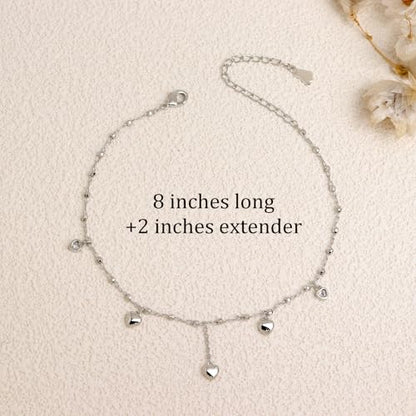 Silver Heart Charm Link Anklet for Women, Adjustable Handmade Cubic Zirconia Stackable Waterproof Summer Beach Chain Anklets Jewelry Accessories Gift - color: Silver Heart Charm