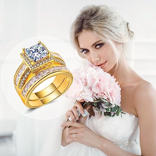 CEJUG 3Ct Princess Wedding Rings for Women Engagement Ring Set Bands 18k White Gold Plated Halo Cz Size 6-10 - color: Gold