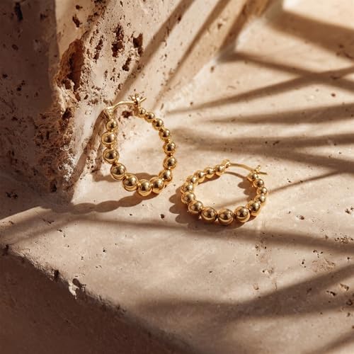 MEVECCO Chunky Huggie Hoop Earrings for Women Starburst Beaded Styles | 18K Gold Plated Brass, Triple Or Single Cubic Zirconia Star Details, Graduated Rounded Profile, Front Stone Row - style: Beaded Hoop GD