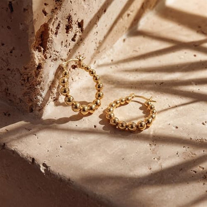 MEVECCO Chunky Huggie Hoop Earrings for Women Starburst Beaded Styles | 18K Gold Plated Brass, Triple Or Single Cubic Zirconia Star Details, Graduated Rounded Profile, Front Stone Row - style: Beaded Hoop GD