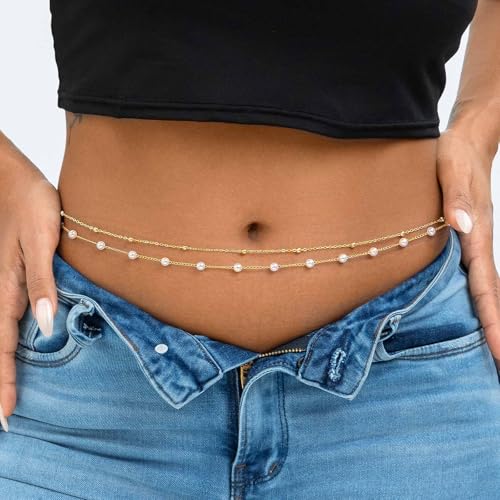 Waist Chain Silver Beads Belly Chain Gold silver Women Dainty Body Jewelry Accessories - color: gold pearl - 36 + 10 in