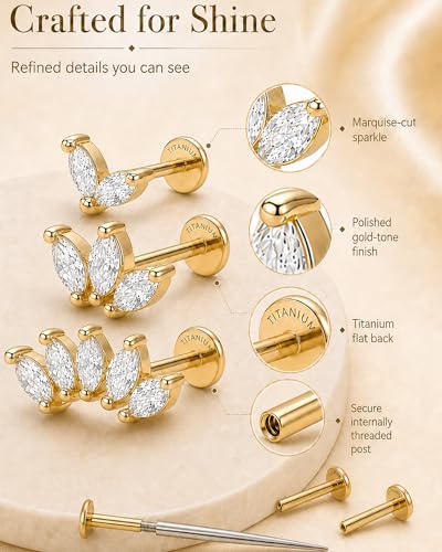 YACHY ASTM F136 G23 Titanium Flat Back Stud Earrings, Internally Threaded Screw-On Hypoallergenic Body Piercing Jewelry for Everyday Wear, Tragus Helix Conch Monroe Medusa Lip, 18G 6mm 8mm - color: Luna Laurel--3pcs+3bar--Gold, size: 6mm+8mm