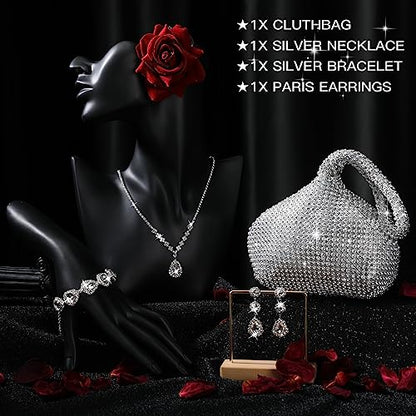 4 Pcs Silver Clutch Purse Jewelry Set for Women Rave Accessories Evening Rhinestone Purse Silver for Bride Wedding - style: Bling Style