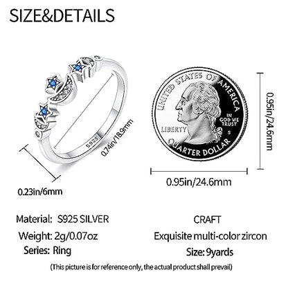 KUNSIR 925 Silver Cubic Zirconia Ring Size 7-9 Wedding Band Sterling Silver Eternity Ring Modern Style - style: Blue Star-moon Ring