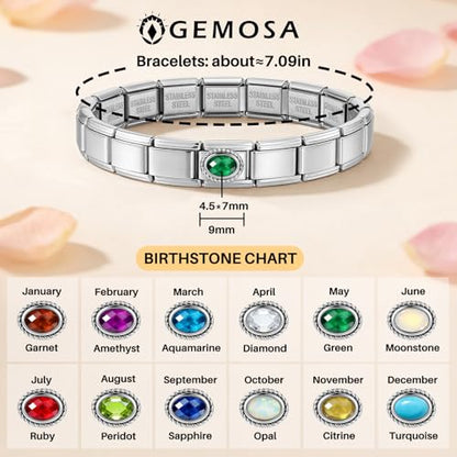 GEMOSA Birthstone Italian Charm Bracelet - 18 Links 9mm x 10mm Stainless Steel Base Bracelet with Birthstone Charm & Link Opener Tool, Polished Silver Finish Jewelry Gift Box Set for Women - color: 05-May-Green
