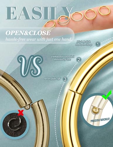 CASSIECA 5Pcs 18G 16G Surgical Steel Nose Rings Hoop for Women CZ Clicker Hinged Septum Ring Lip Helix Cartilage Double Hoop Earring Daith Rook Conch Body Piercing Jewelry for Women 8mm 10mm - style: Gold: 16G-8mm