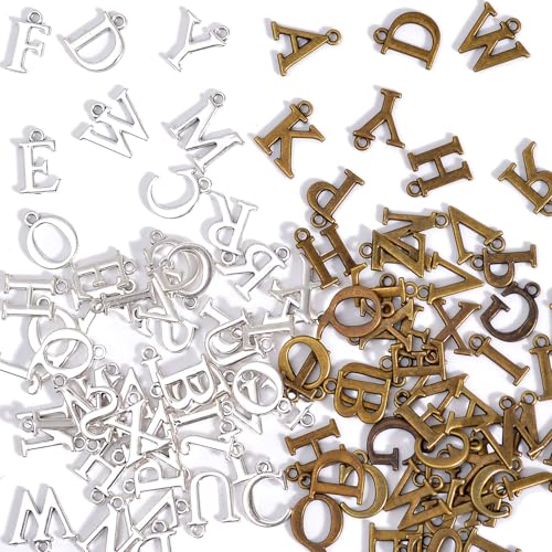 stino 200Pcs A-Z Metal Letter Charms for Jewelry Making, Capital Alphabet Initial Charms - color: 104Pcs Silver & Bronze Capital