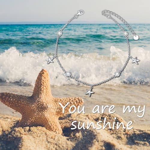 925 Sterling Silver Anklet Foot Bracelet with Crystal from Austria, Anklet Jewelry Gifts for Women 11 Inch Adjustable - style: E-Starfish
