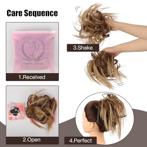 HMD Tousled Updo Messy Bun Hairpiece Hair Extension Ponytail for Women | Synthetic Hair Bun Extension with Elastic Rubber Band, Tousled Updo Messy Bun Hairpiece for Ponytail Styles Daily Party - color: Dark Medium Auburn