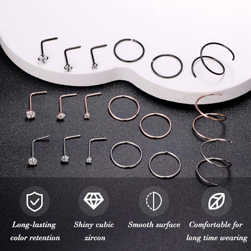 22G 18Pcs G23 Titanium Nose Rings Hoops for Sensitive Skin Double Nose Rings L Shaped Nose Studs Hypoallergenic Nose Piercings Jewelry - color: Silver+Rose gold+Black