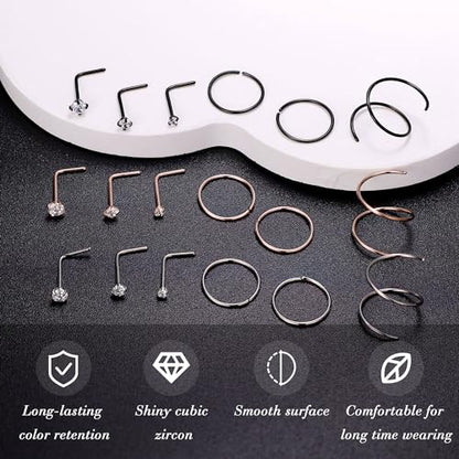 22G 18Pcs G23 Titanium Nose Rings Hoops for Sensitive Skin Double Nose Rings L Shaped Nose Studs Hypoallergenic Nose Piercings Jewelry - color: Silver+Rose gold+Black