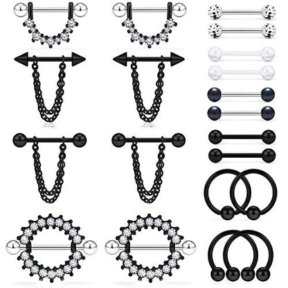 Ruifan Surgical Steel Nipple Shield Rings Tongue Barbell Piercing Jewelry Retainer 14G 5/8Inch Chain Dangle Clear CZ For Women Men 2-20PCS - color: 20PCS - Black