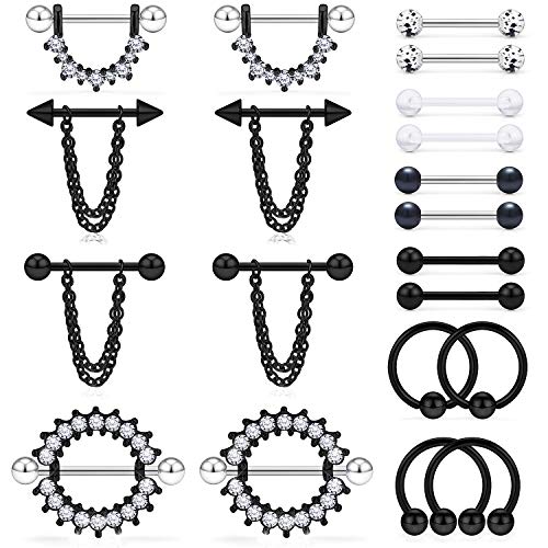 Ruifan Surgical Steel Nipple Shield Rings Tongue Barbell Piercing Jewelry Retainer 14G 5/8Inch Chain Dangle Clear CZ For Women Men 2-20PCS - color: 20PCS - Black