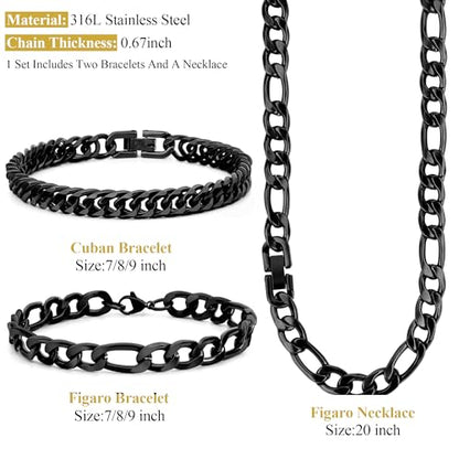 3PCS Figaro Necklace Bracelet Cuban Bracelet, Silver Gold Black Sturdy 316L Stainless Steel Cuban Link Figaro Chain for Men Jewelry Set with Gift Message Card 8mm, 7/8/9 Inches - color: Black, size: Bracelet width:9 inches