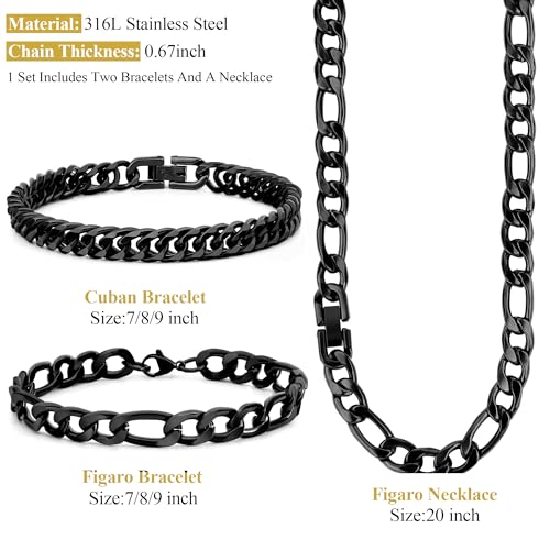 3PCS Figaro Necklace Bracelet Cuban Bracelet, Silver Gold Black Sturdy 316L Stainless Steel Cuban Link Figaro Chain for Men Jewelry Set with Gift Message Card 8mm, 7/8/9 Inches - color: Black, size: Bracelet width:8 inches