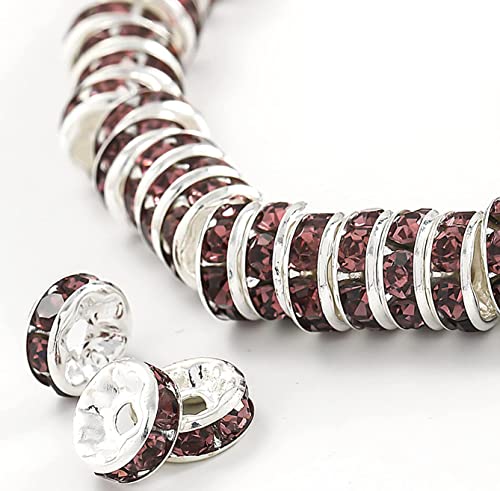 200Pcs 8mm Rondelle Spacer Beads Silver Plated Purple Crystal Rhinestone for Jewelry Making Loose Beads for Bracelets - color: purple, size: 8mm