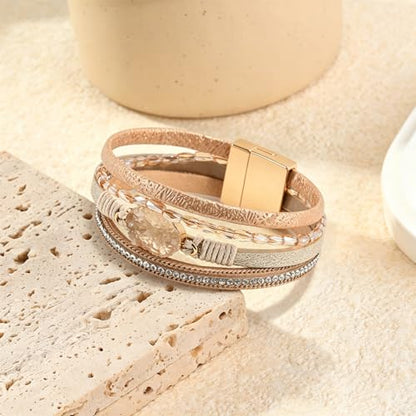 Wrapped Bracelets for Women,Leather Boho Bracelets for Women - color: Beads-Cream