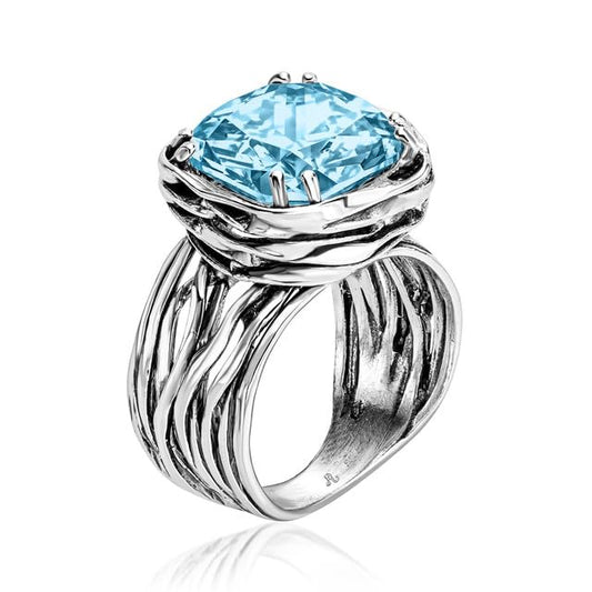 JEAN RACHEL JEWELRY 925 Sterling Silver Ring - Wrap Vintage Design with Cushion Shaped Cubic Zirconia - Hypoallergenic, Lead & Nickel Free - Artisan Handcrafted Statement Rings for Women - color: Aquamarine CZ