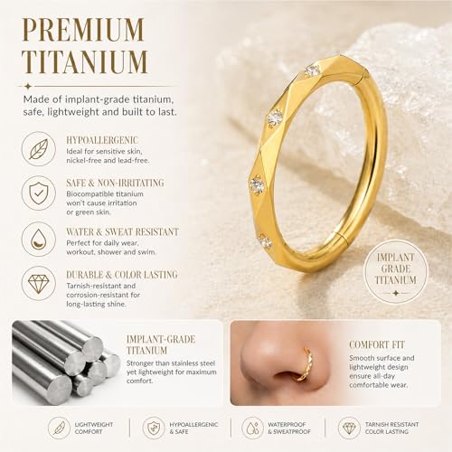 2PCS 16G Titanium Nose Rings for Women, Nostril and Septum | F136 Implant Grade Titanium, Hypoallergenic, 1.2 mm ×8 mm, Faceted and CZ Hinged Clicker Hoops for Nostril or Septum - color: Style B Gold-8mm