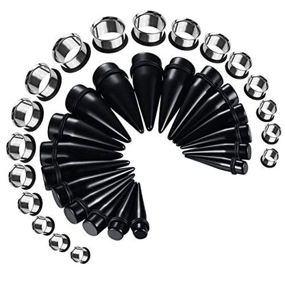 BodyJ4You 36PC Ear Gauge Stretching Kit 00G-25mm - Big Gauges for Ears | Dead Stretching Lobe Plug Expander - Stainless Steel Single Flare Flesh Tunnels - Solid Acrylic Piercing Tapers Men Women - color: Black, Silvertone