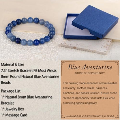 LPBeads Handmade Natural Gemstone Stretch Elastic Bracelet Healing Crystal Round Stone Beads Jewelry Gifts for Women Men - color: Blue Aventurine, size: 8mm