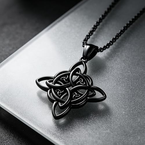MALOYANVE Celtic Witch Knot Necklace for Men Women Stainless Steel Triquetra Trinity Pendant Irish Celtic Knot Amulet Good Luck Protection Jewelry - color: Black