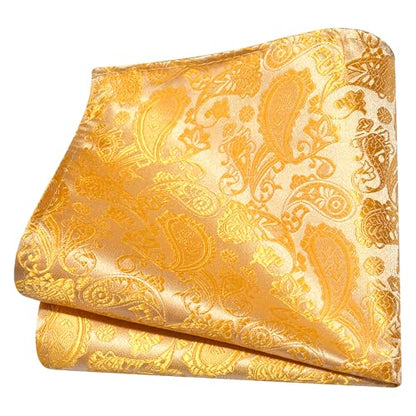 GUSLESON 3.15"（8cm） Mens Paisley Tie and Lapel Pin Necktie Hankerchief Cufflinks Set for Men - color: Gold